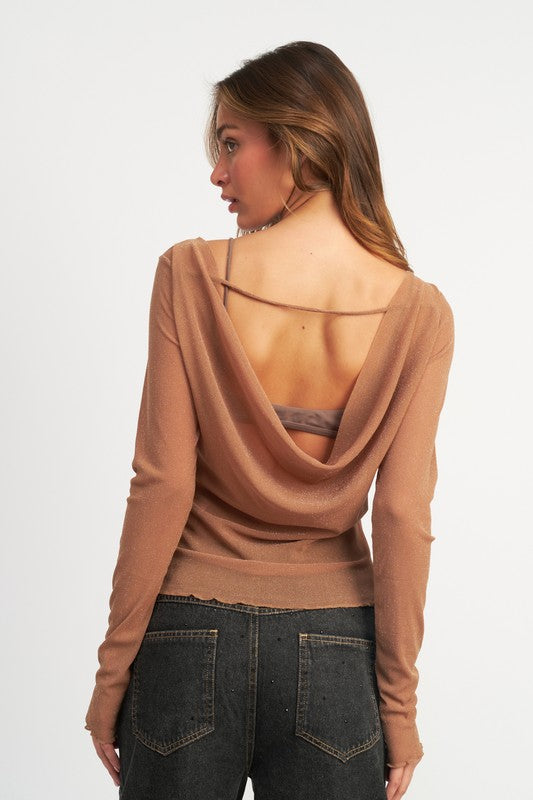Sparkling Mesh Blouse with Draped Back