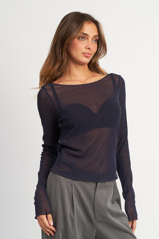 Sparkling Mesh Blouse with Draped Back