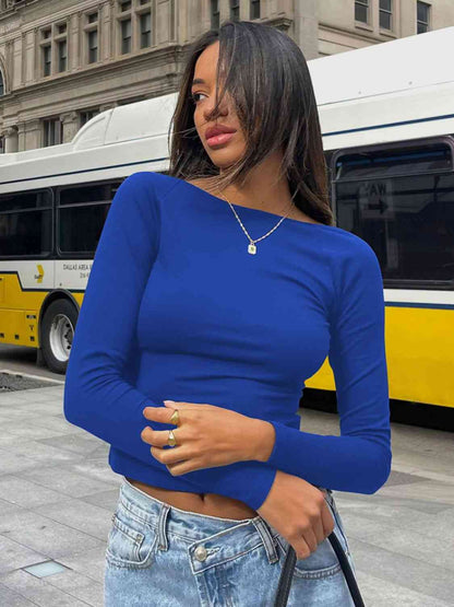Open Back Round Neck Long Sleeve Top