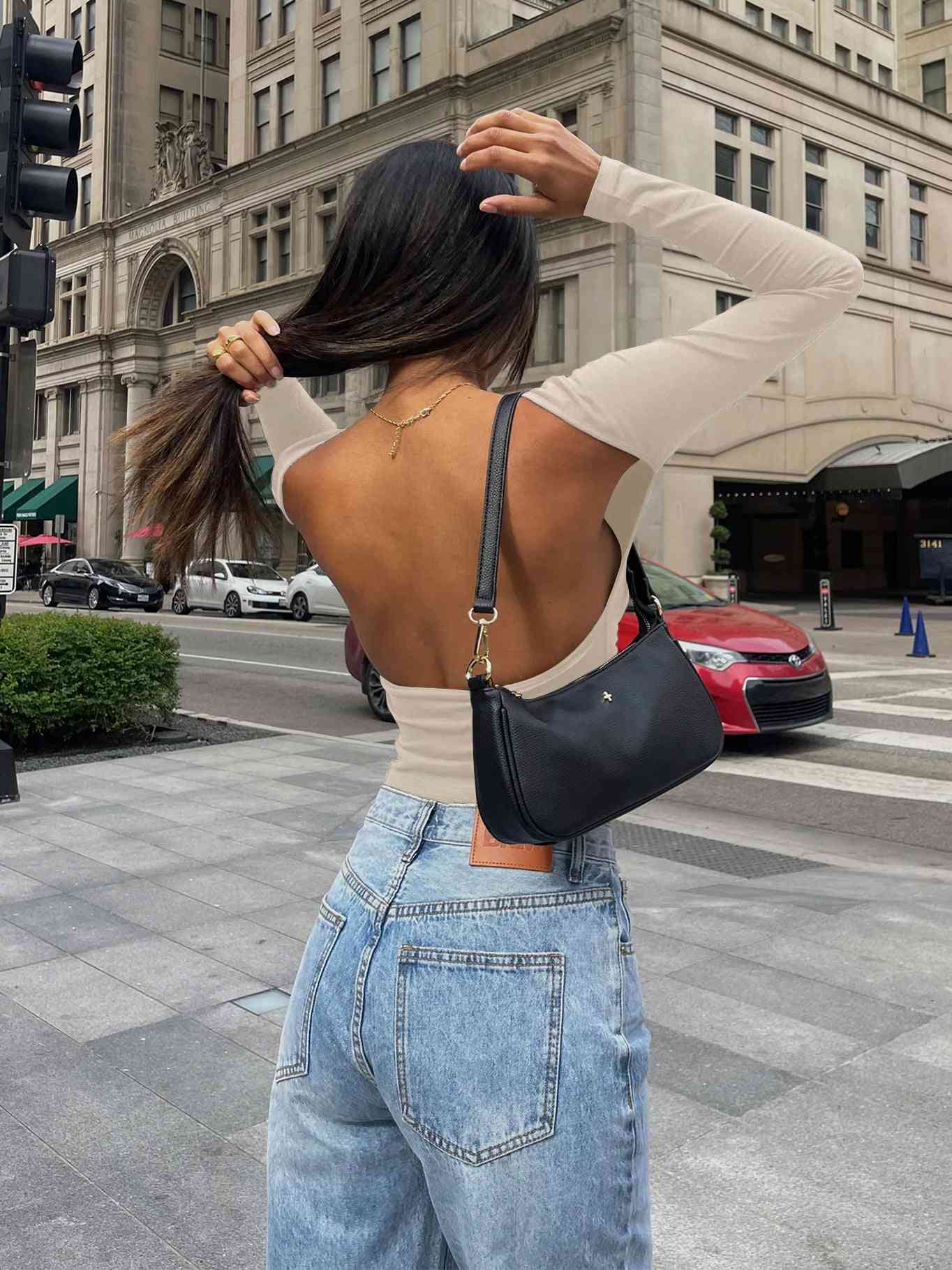 Open Back Round Neck Long Sleeve Top